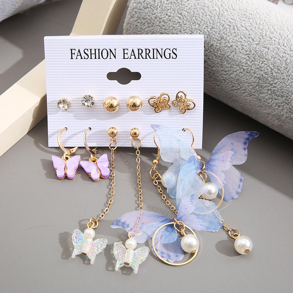 6 Pairs Stud Earrings Ladies Fashion Butterfly Faux Pearl Dangle Earrings Golden