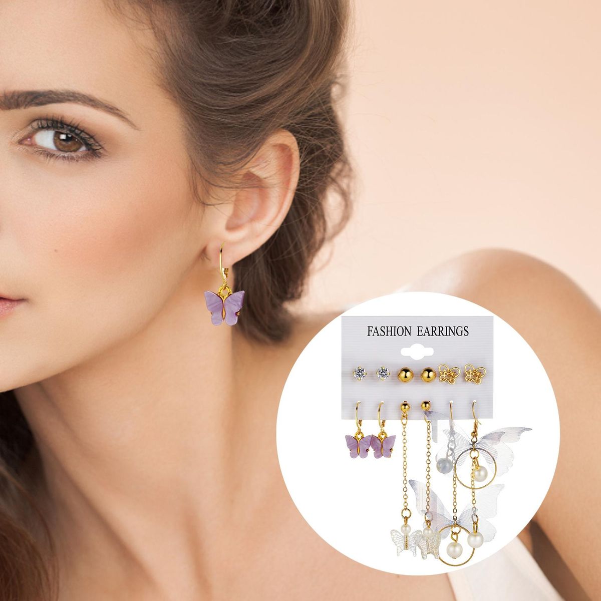 6 Pairs Stud Earrings Ladies Fashion Butterfly Faux Pearl Dangle Earrings Golden