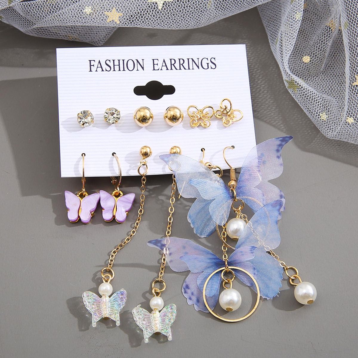 6 Pairs Stud Earrings Ladies Fashion Butterfly Faux Pearl Dangle Earrings Golden