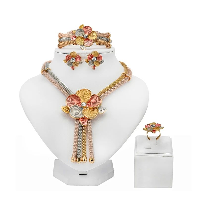 Women Dubai Gold Three Tone Necklace Earrings Bracelet Ring Jewelry Sets Wedding Bridal Accessories Costume Jewelry