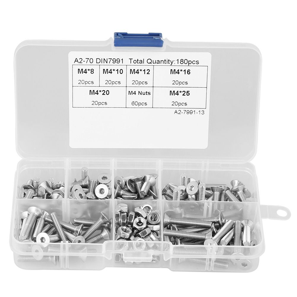 180pcs M4 304 Stainless Steel Flat Head Bolt Screws Nuts