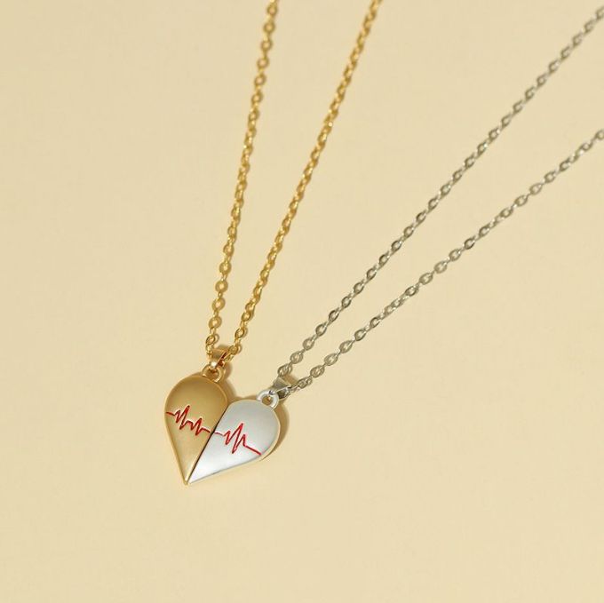 2PCS/set Couple Magnetic ECG Heartbeat Pendant Necklace