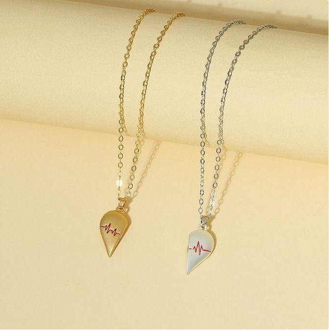 2PCS/set Couple Magnetic ECG Heartbeat Pendant Necklace