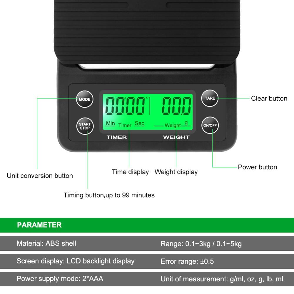 3kg/0.1g 5kg/0.1g Drip Coffee Scale With Timer Por
