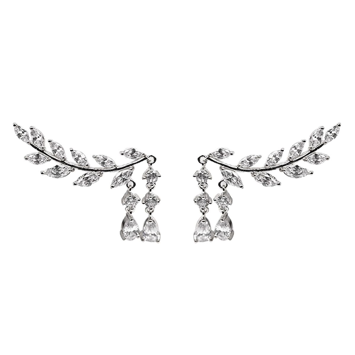 1 Pair Women Leaves Shape Rhinestone Inlaid Water-drop Tassels Earrings Ear Studs Jewelry For Party-Golden