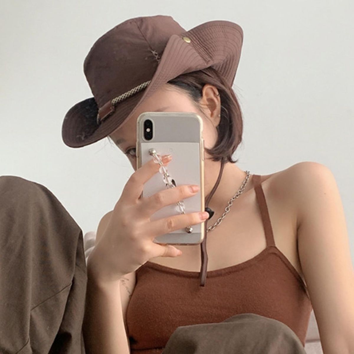 Sun Hat Japanese Style Wide Brim Drawstring Fishing Hat Brown
