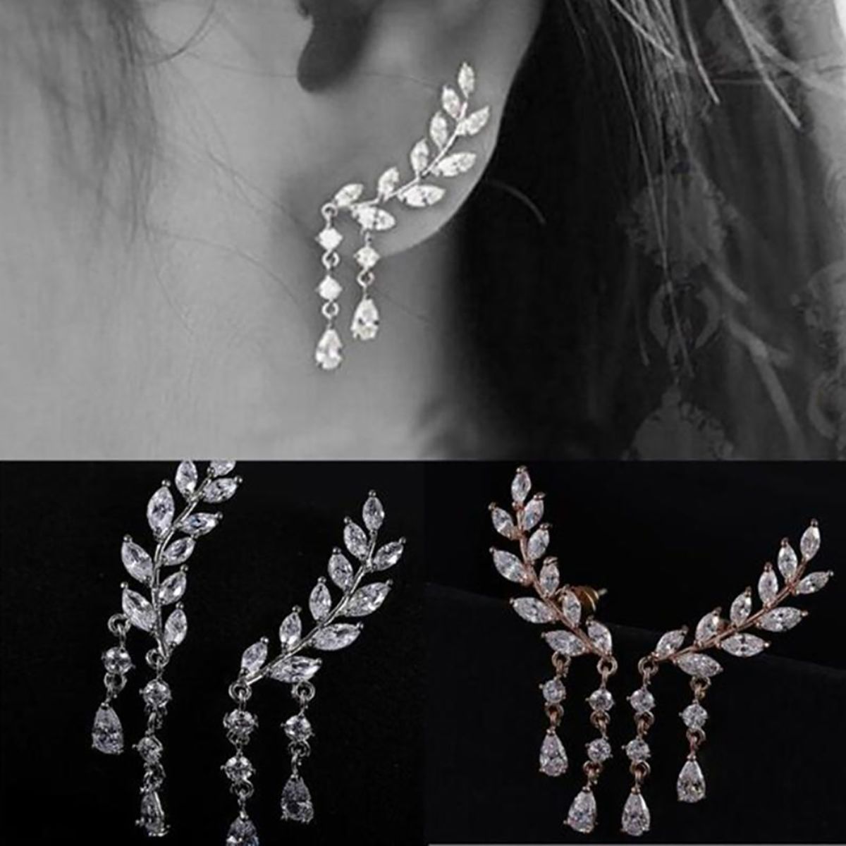 1 Pair Women Leaves Shape Rhinestone Inlaid Water-drop Tassels Earrings Ear Studs Jewelry For Party-Silver