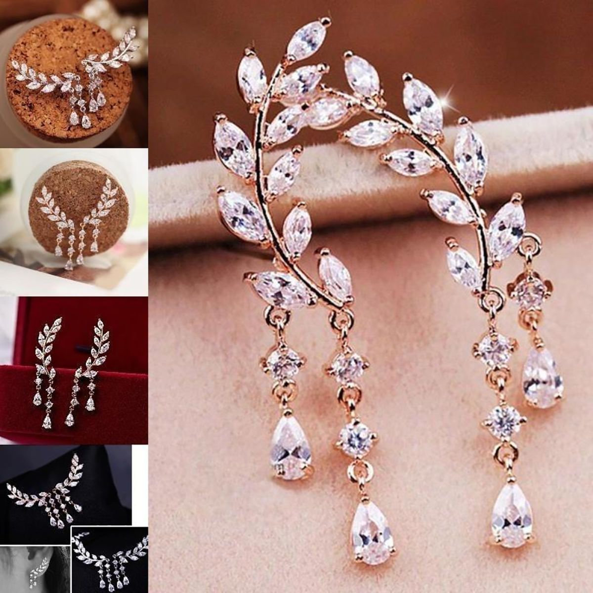 1 Pair Women Leaves Shape Rhinestone Inlaid Water-drop Tassels Earrings Ear Studs Jewelry For Party-Silver