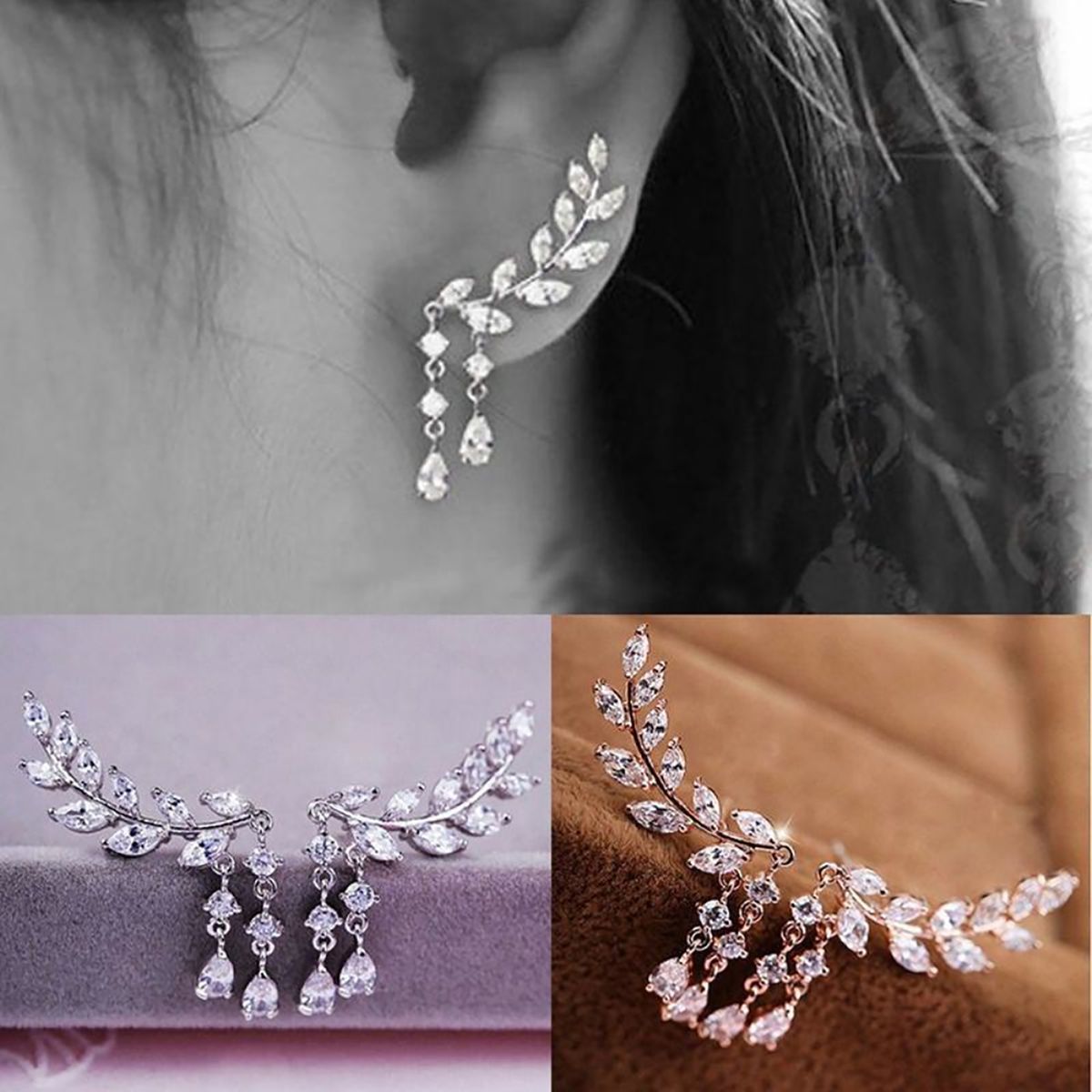 1 Pair Women Leaves Shape Rhinestone Inlaid Water-drop Tassels Earrings Ear Studs Jewelry For Party-Silver