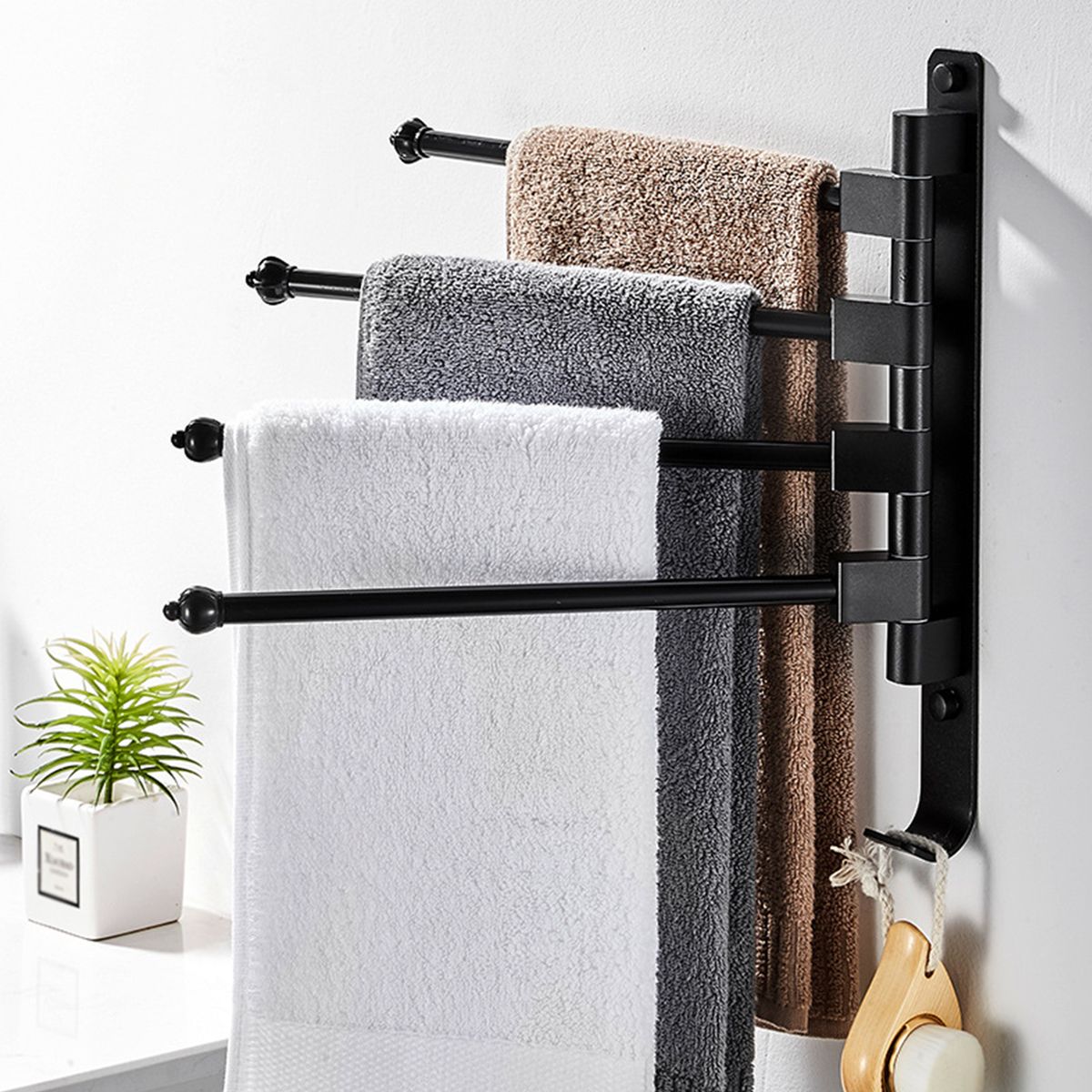 Swivel Out Towel Racks With Hooks 4-Bars Foldable Arms Bath