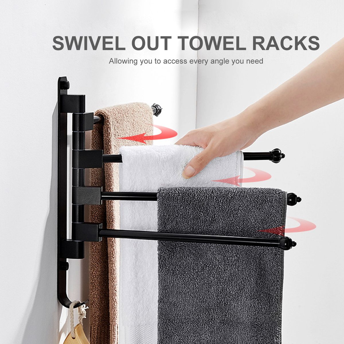 Swivel Out Towel Racks With Hooks 4-Bars Foldable Arms Bath