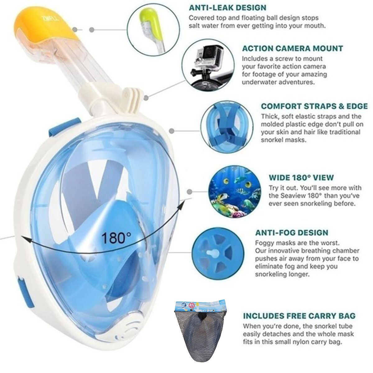 Diving Underwater Anti Fog Full Face Snorkeling Snorkel For Women Men Blue