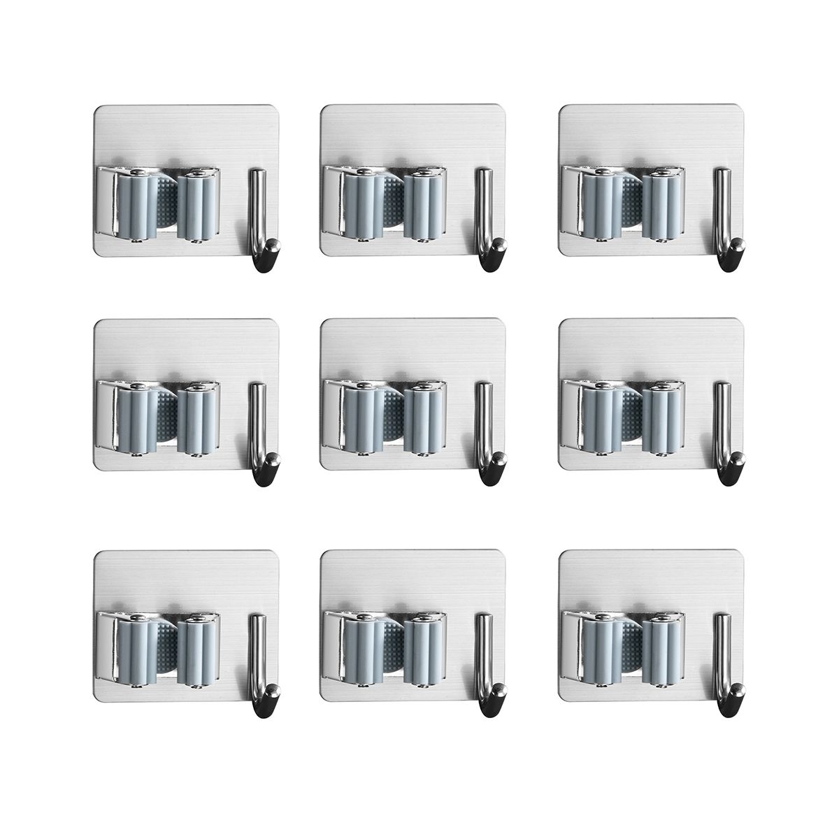Broom Mop Stainless Wall Mount Holder with Mopping Cloth Hooks Adhesive Tape Kitchen Garage Tool Rack 10 Pack