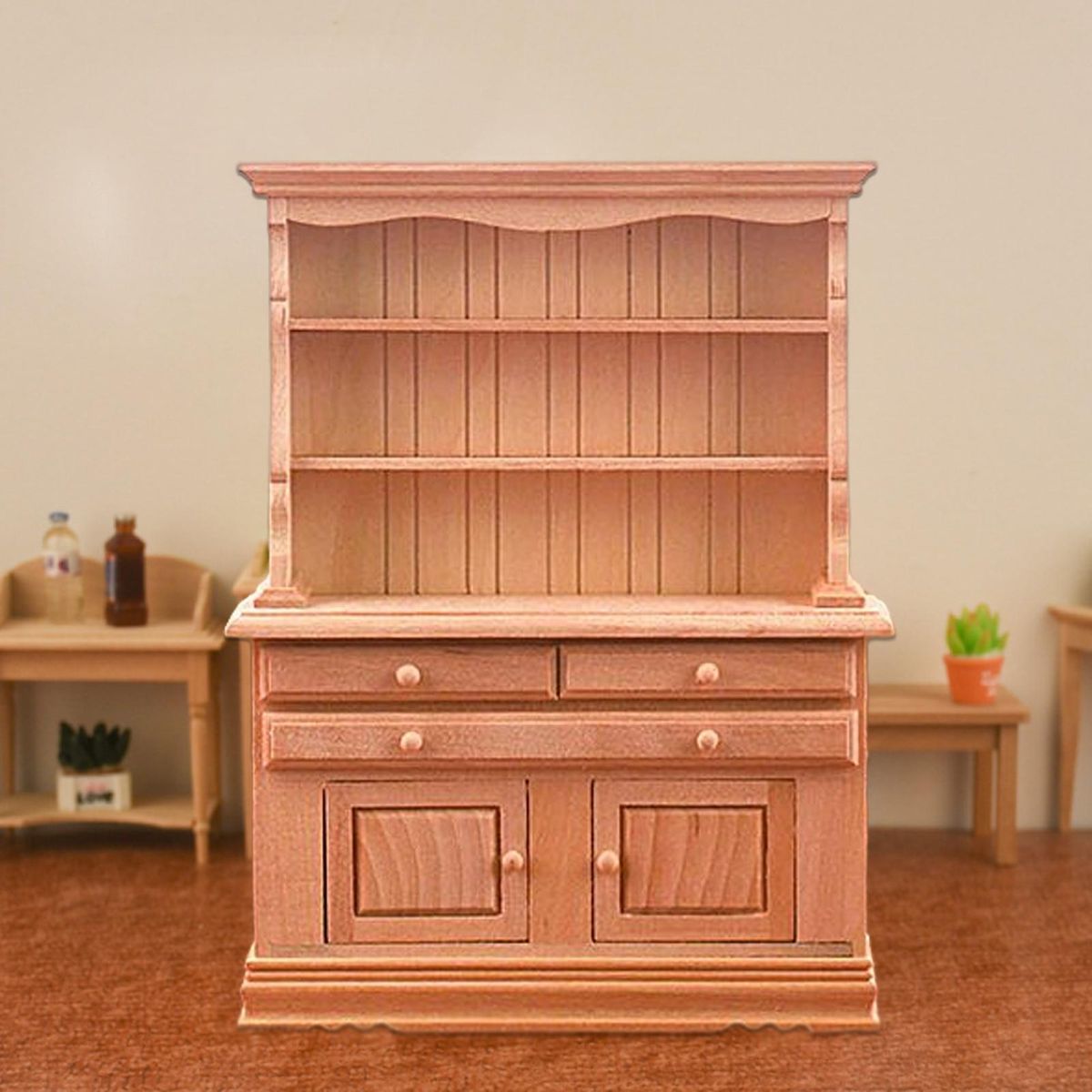 Mini Cabinet Model DIY Bookcase with Simulated Furniture Model Ornaments Wooden Color