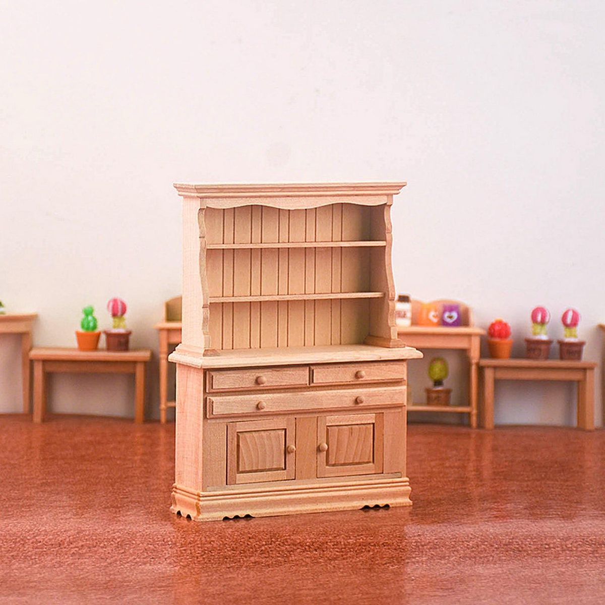 Mini Cabinet Model DIY Bookcase with Simulated Furniture Model Ornaments Wooden Color