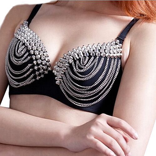 Women Sexy Party Nightclub Fashion New Punk Lady Goth Silver Studded Bra