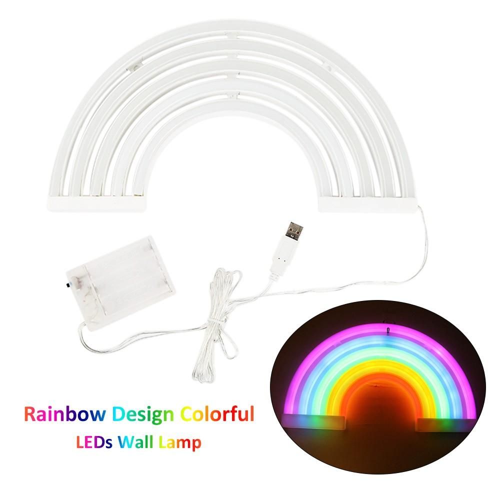 Rainbow Design Neon Colorful LEDs Wall Lamp Night Light with USB Charging Port 3 * AA Batterys Cell Powered Operated For Children Room Living Bedroom Home Decoration Decor Present Gift