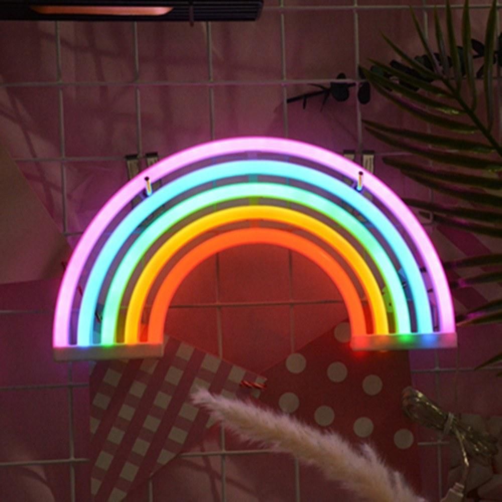 Rainbow Design Neon Colorful LEDs Wall Lamp Night Light with USB Charging Port 3 * AA Batterys Cell Powered Operated For Children Room Living Bedroom Home Decoration Decor Present Gift