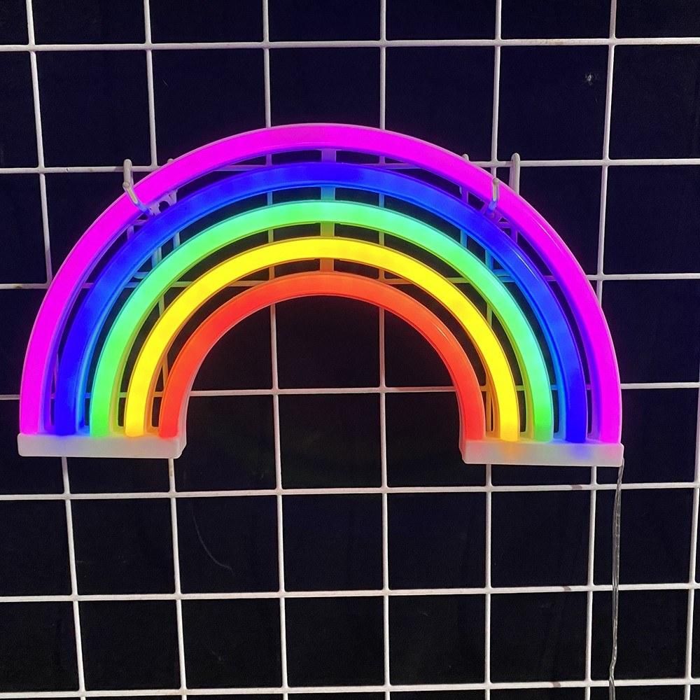 Rainbow Design Neon Colorful LEDs Wall Lamp Night Light with USB Charging Port 3 * AA Batterys Cell Powered Operated For Children Room Living Bedroom Home Decoration Decor Present Gift