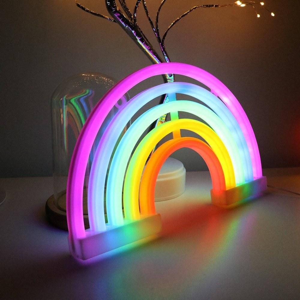 Rainbow Design Neon Colorful LEDs Wall Lamp Night Light with USB Charging Port 3 * AA Batterys Cell Powered Operated For Children Room Living Bedroom Home Decoration Decor Present Gift