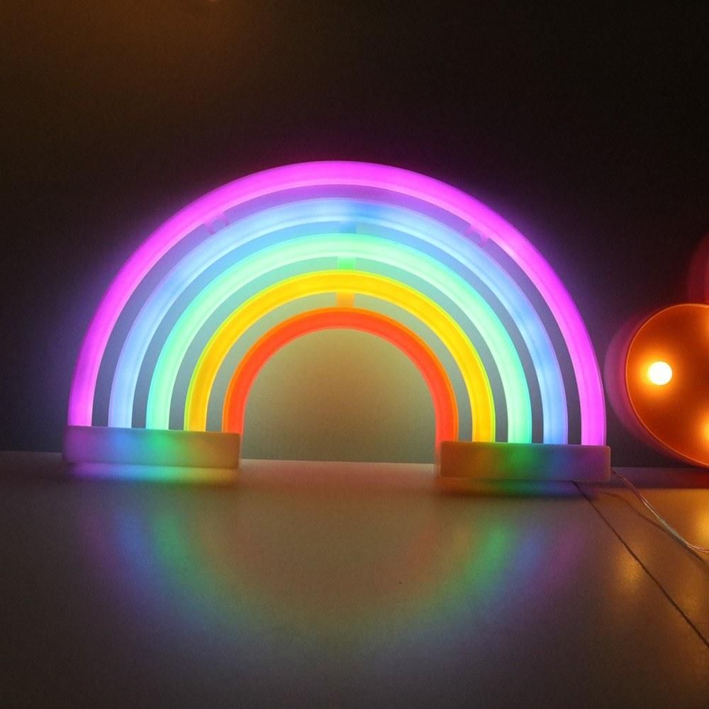 Rainbow Design Neon Colorful LEDs Wall Lamp Night Light with USB Charging Port 3 * AA Batterys Cell Powered Operated For Children Room Living Bedroom Home Decoration Decor Present Gift