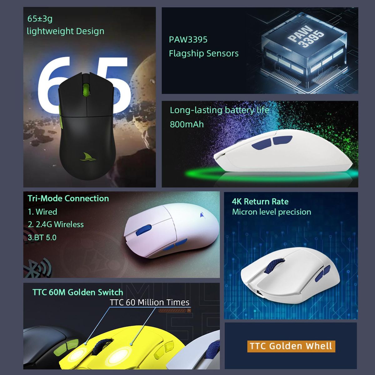 Darmoshark M3 4K Wireless BT5.0 Wired Tri-Mode Rechargeable Gaming Mouse 26000DPI TTC PAM3395 Optical E-sports Mice Custom Drivers For Computer Laptop PC