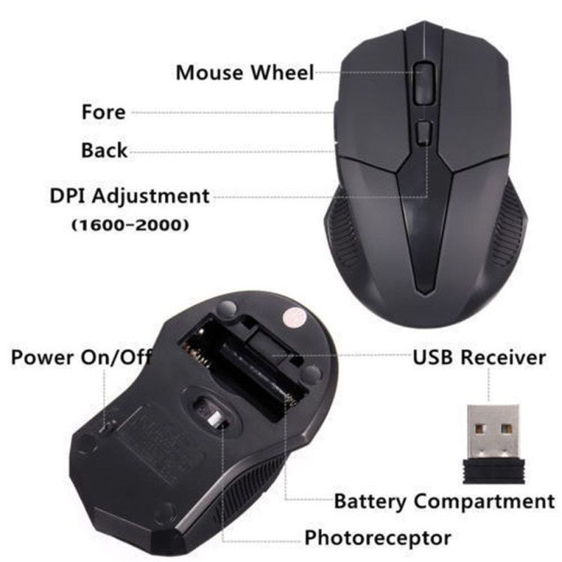 Portable 2.4GHz Wireless USB Receiver Optical Gaming-Black