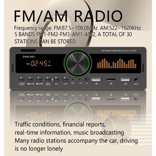 SWM 80A Bluetooth Autoradio Car Stereo Radio FM Aux Input Receiver SD USB 12V In Dash 1 Din Car MP3 Multimedia Player