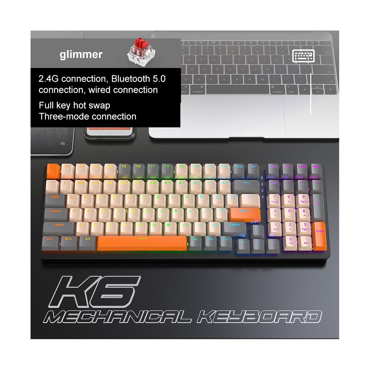K6 Mechanical Keyboard 100 Keys Keycaps BT5.0 2.4 Ghz