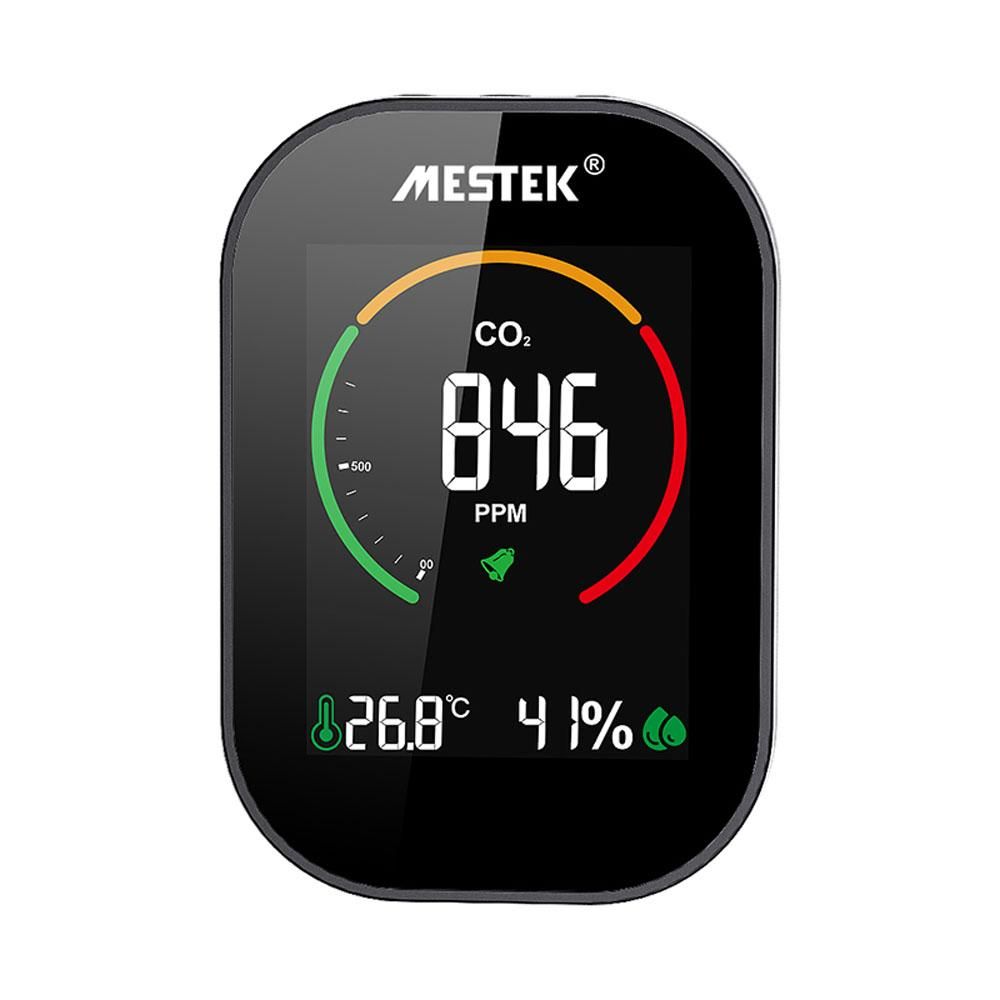 MESTEK Air Quality Detector Carbon Dioxide CO2 Detector Indoor Desktop Office Home Air Quality Monitor Temperature Humidity Detection Sound 3 Color Bars Alarm Function
