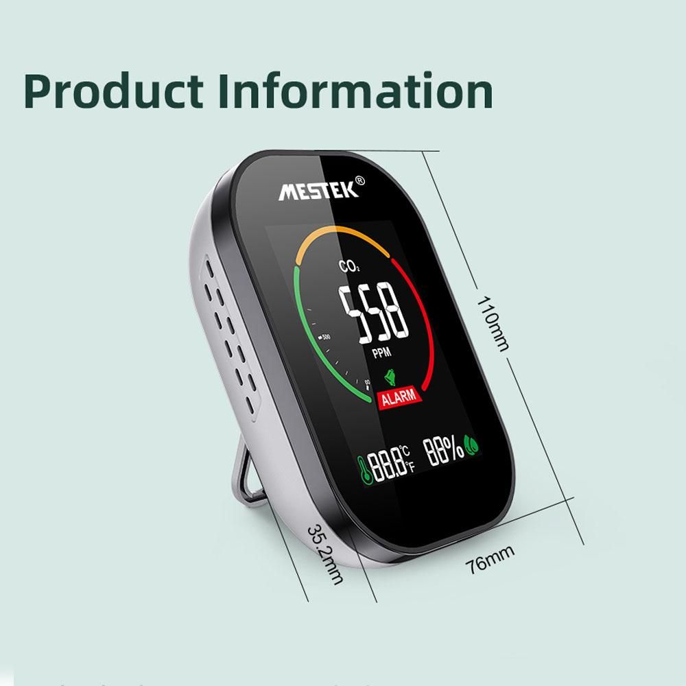 MESTEK Air Quality Detector Carbon Dioxide CO2 Detector Indoor Desktop Office Home Air Quality Monitor Temperature Humidity Detection Sound 3 Color Bars Alarm Function