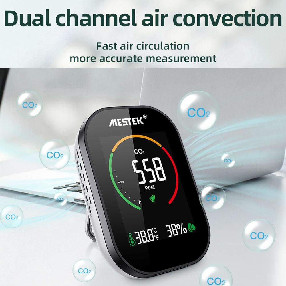 MESTEK Air Quality Detector Carbon Dioxide CO2 Detector Indoor Desktop Office Home Air Quality Monitor Temperature Humidity Detection Sound 3 Color Bars Alarm Function