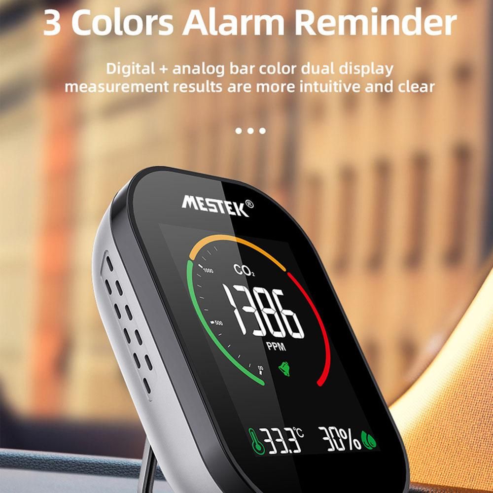 MESTEK Air Quality Detector Carbon Dioxide CO2 Detector Indoor Desktop Office Home Air Quality Monitor Temperature Humidity Detection Sound 3 Color Bars Alarm Function