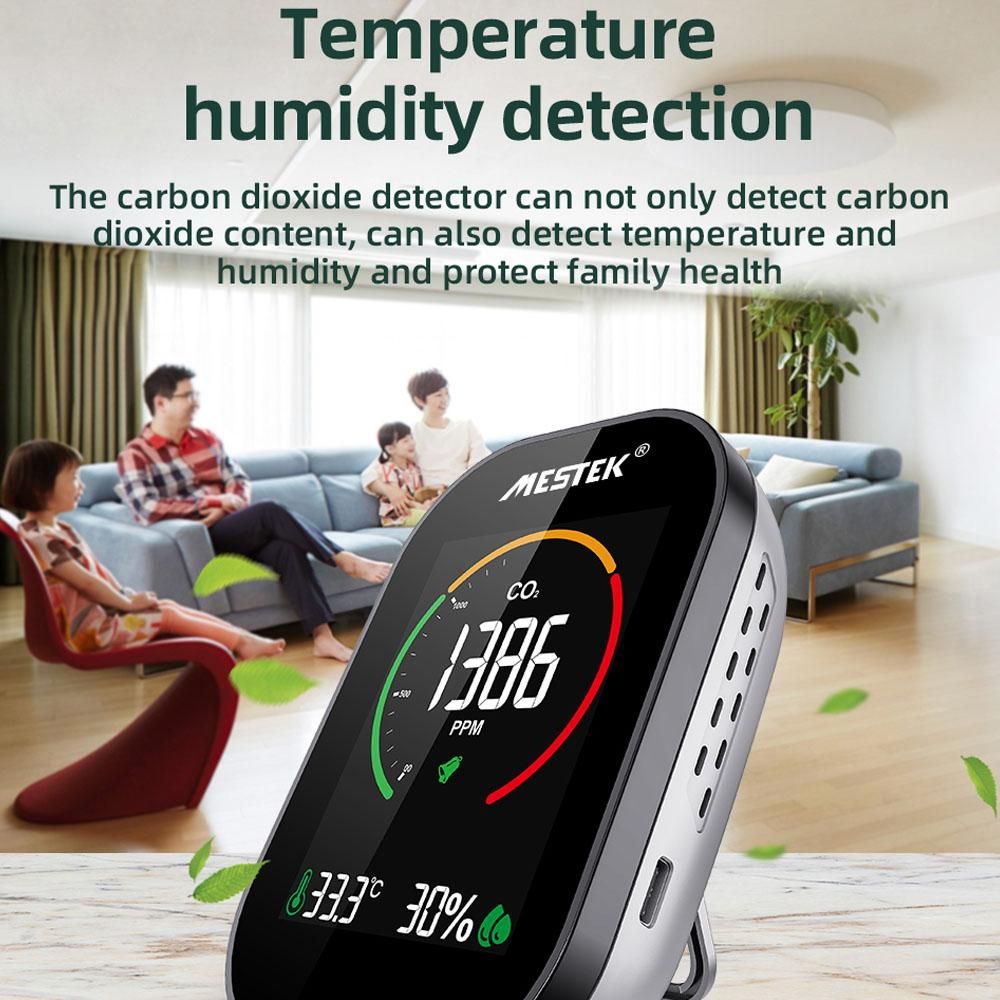 MESTEK Air Quality Detector Carbon Dioxide CO2 Detector Indoor Desktop Office Home Air Quality Monitor Temperature Humidity Detection Sound 3 Color Bars Alarm Function