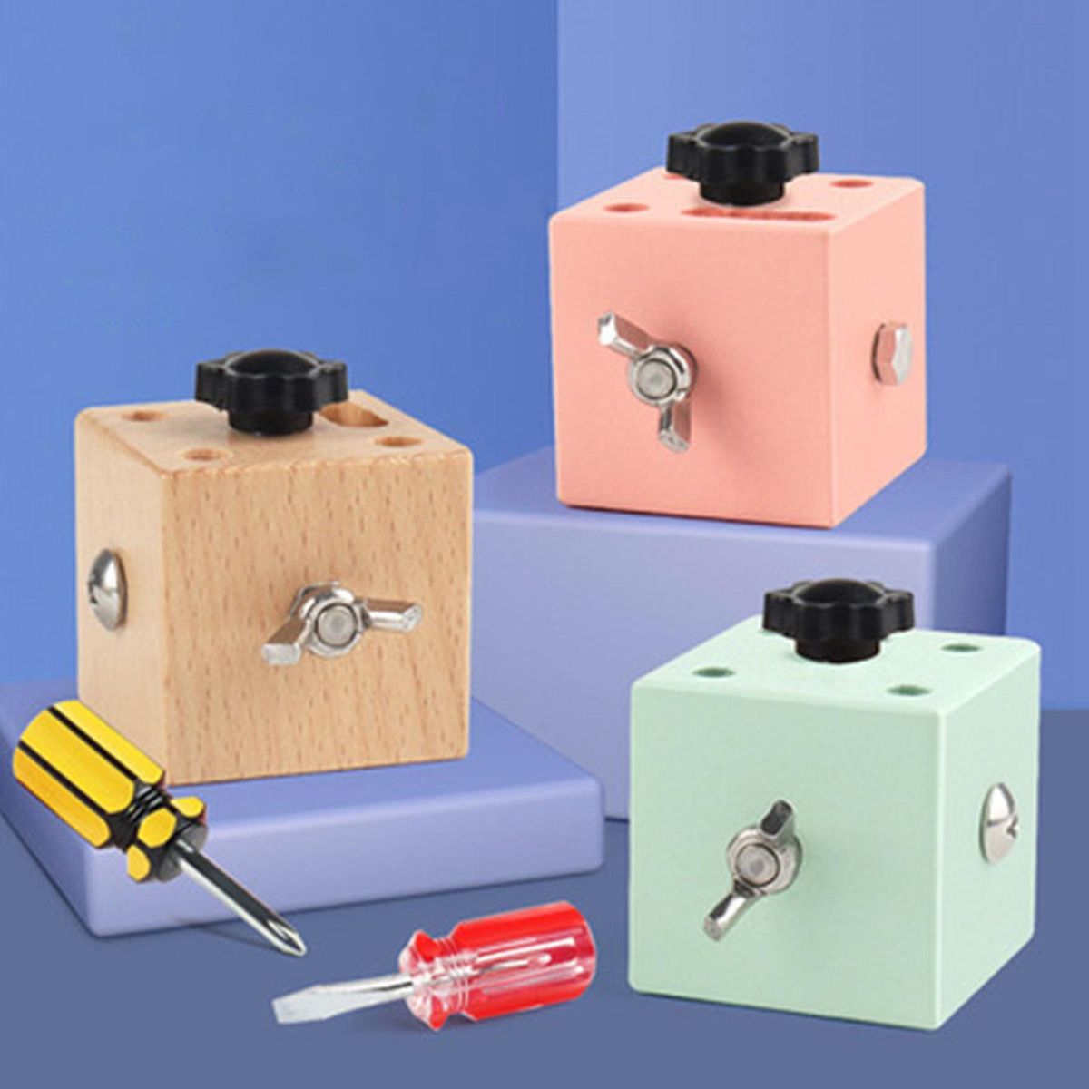 Kids Mini Square Wooden Screw Driver Learn to Twist Screws