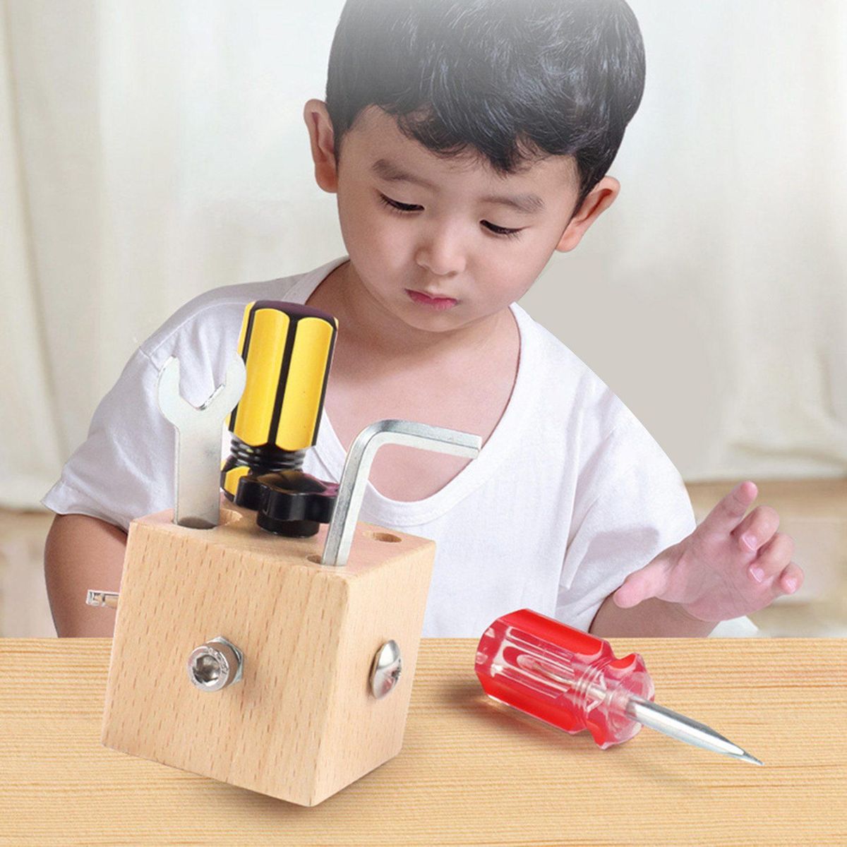 Kids Mini Square Wooden Screw Driver Learn to Twist Screws
