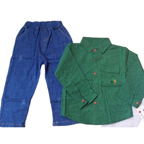 Boys Button Down Shirt And Jean Trouser - Leaf Green