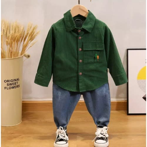 Boys Button Down Shirt And Jean Trouser - Leaf Green