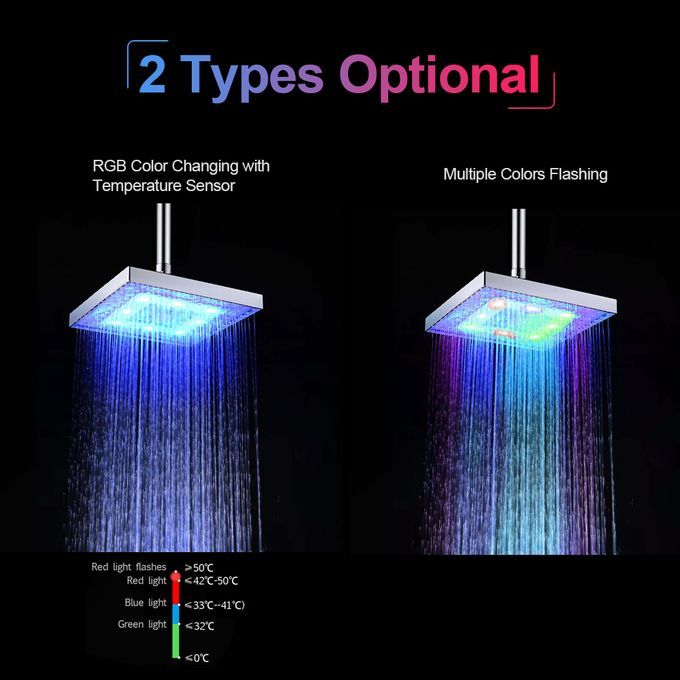 LED Rainfall Shower Head Square Shower Head Multiple Colors