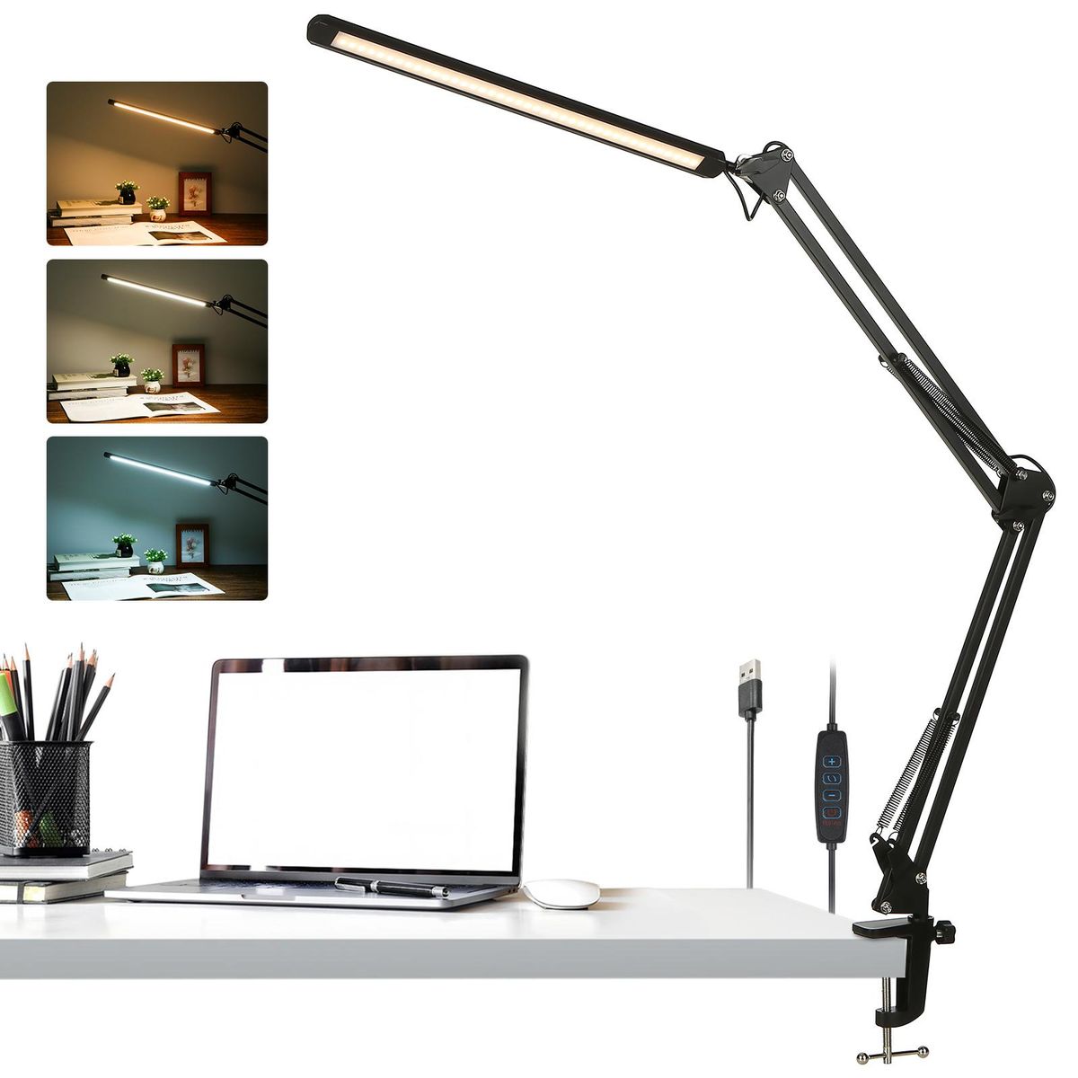 Tomshine LEDs Desk Lamp with Clamp Eye-Caring Dimmable Reading Light 3 Color Modes & 10 Brightness Levels Swing Arm Lamp for Study Office