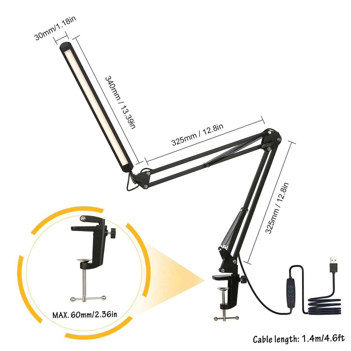 Tomshine LEDs Desk Lamp with Clamp Eye-Caring Dimmable Reading Light 3 Color Modes & 10 Brightness Levels Swing Arm Lamp for Study Office