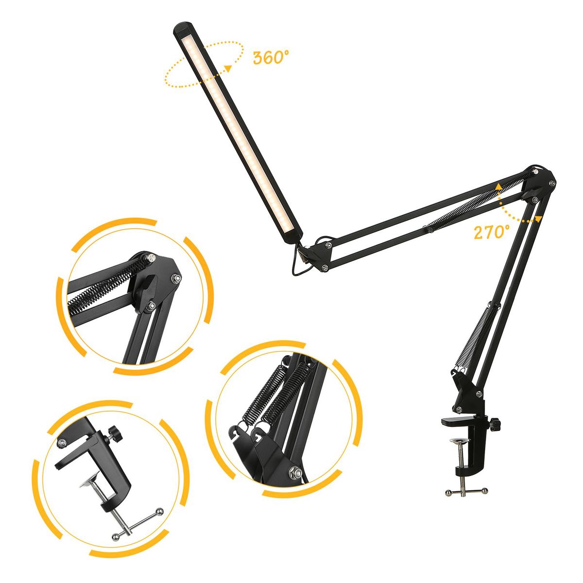 Tomshine LEDs Desk Lamp with Clamp Eye-Caring Dimmable Reading Light 3 Color Modes & 10 Brightness Levels Swing Arm Lamp for Study Office