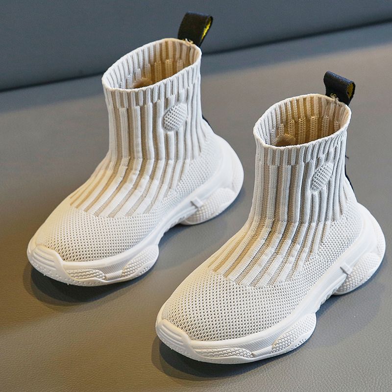 Kids Knitting Sneakers Girls High Tops Sock Shoes (Beige)