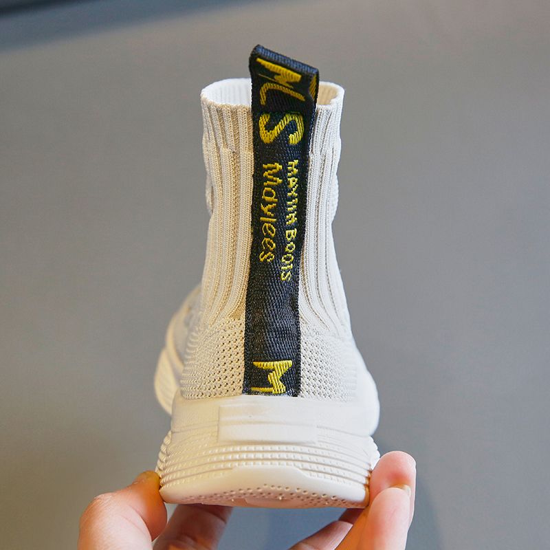 Kids Knitting Sneakers Girls High Tops Sock Shoes (Beige)