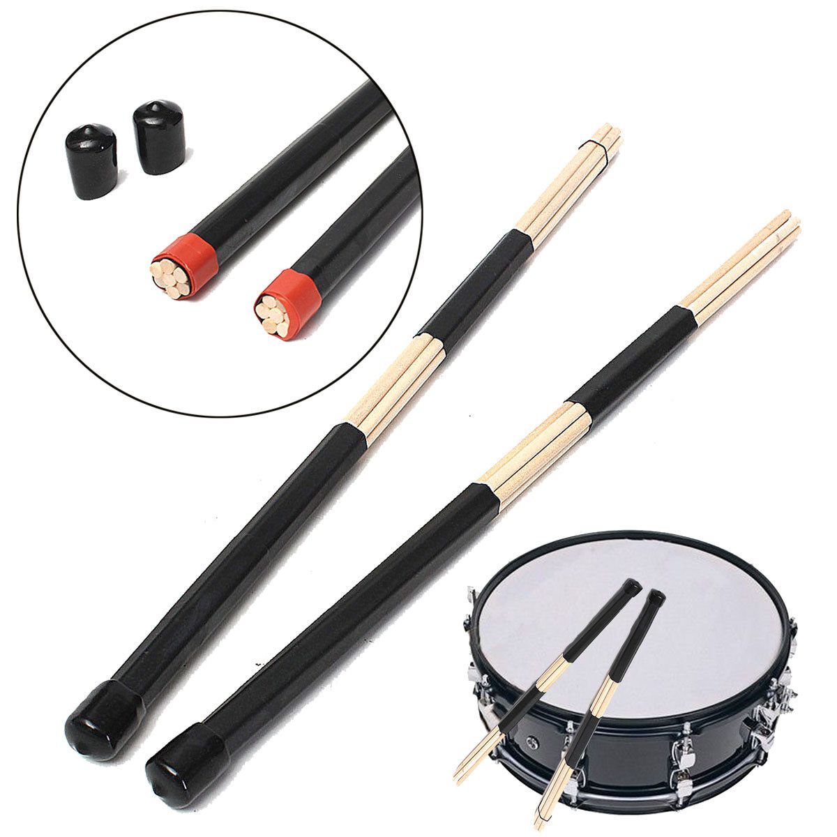 1 Pair Black Wooden Drumsticks Rods Professional Drum Sticks Rubber Handle NEW