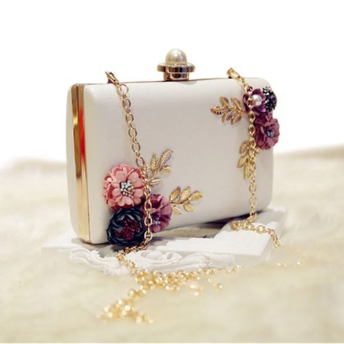 Women Leather Evening Bag Dinner Party Lady Wedding Flower White