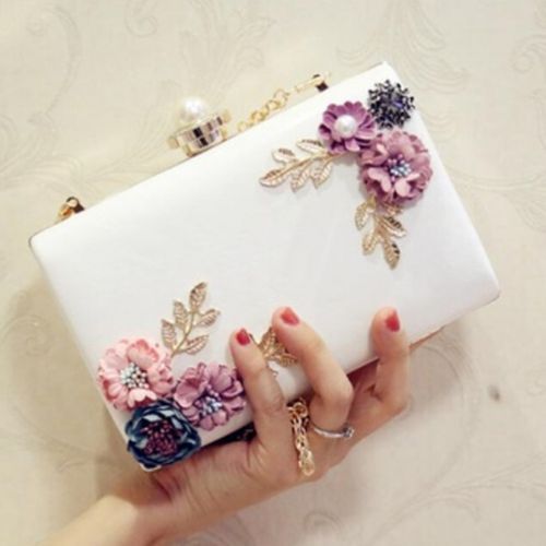 Women Leather Evening Bag Dinner Party Lady Wedding Flower White