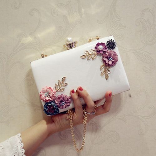 Women Leather Evening Bag Dinner Party Lady Wedding Flower White