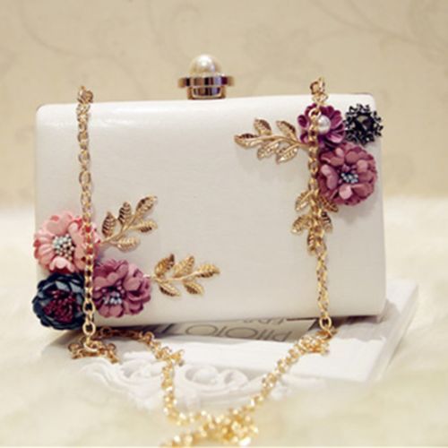 Women Leather Evening Bag Dinner Party Lady Wedding Flower White