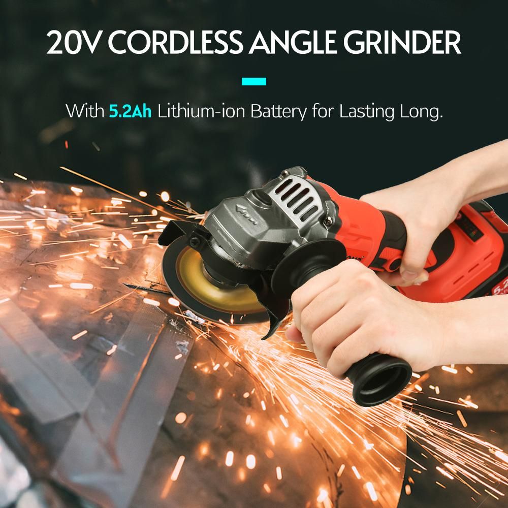 20V Cordless Angle Grinder Electric Angle Grinder Tool 100mm 10000RPM Brushless Motor 2-Position Adjustable Auxiliary Handle Storage Bag Handheld Electric Grinder